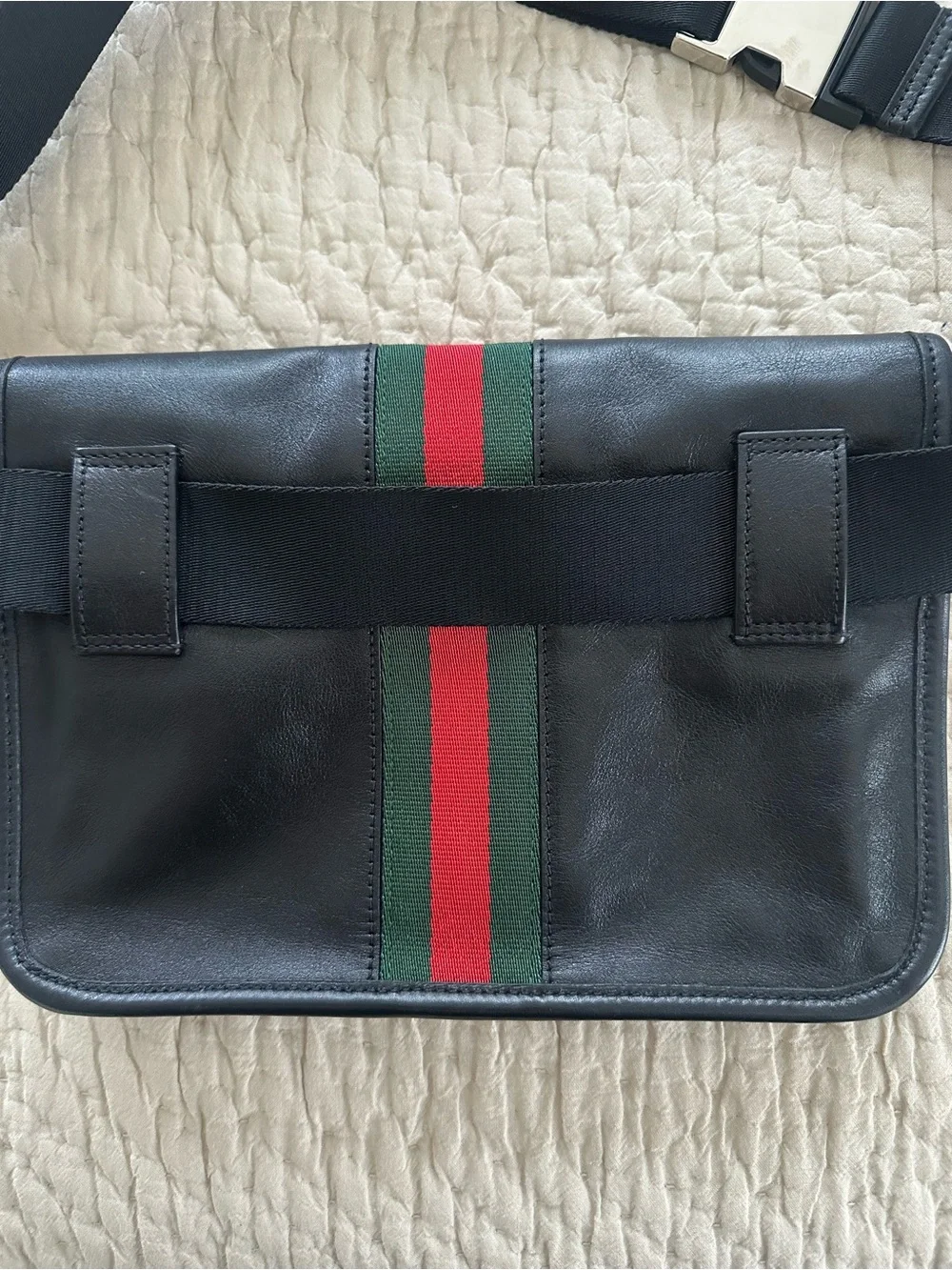 Gucci Black Leather Belt Bag with Green-Red Web Stripe